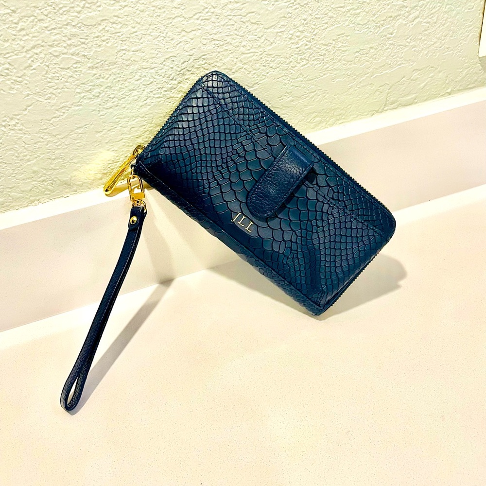 GiGi New York Embossed Python Zip Around Wristlet Wallet in Navy Blue